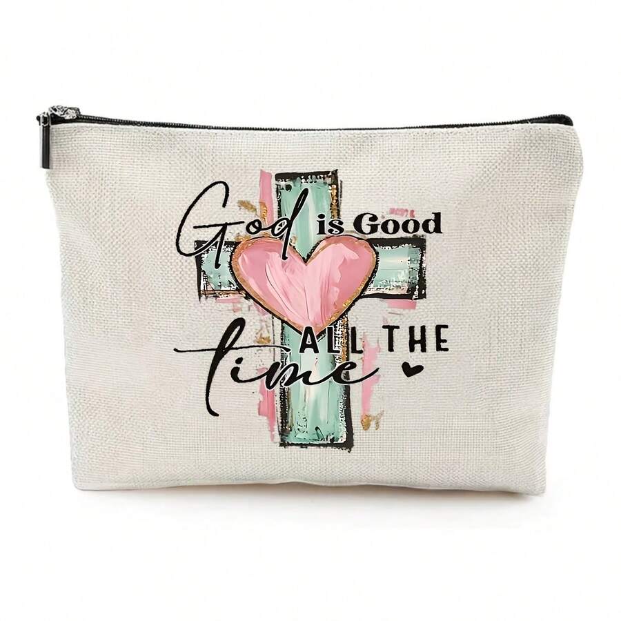 God Is Good All The Time Cross Heart Design Travel Essential Cosmetic Bag Gift Makeup Bag Fashionable Multifunctional  Design Perfect For Daily Use And Traveling Ideal Gift For Loved Ones - White - View 1