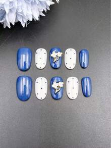 10pcs Set Of Handmade Nail Stickers, Navy Blue Almond Shape, Beautiful Fragrance Style French Manicure Stickers, Matte Nail Stickers - Navy Blue - View 4