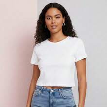 Women's Cropped Top, 100% Cotton, Basic, Plain, Round Neck. - 白色 - 查看 2