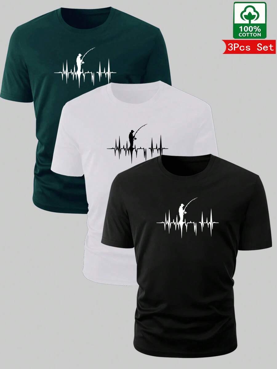 Kit 3 Peças Camiseta Masculina Casual para Pesca e Atividades do Dia-a-Dia - branco/preto/verde - Visão 1