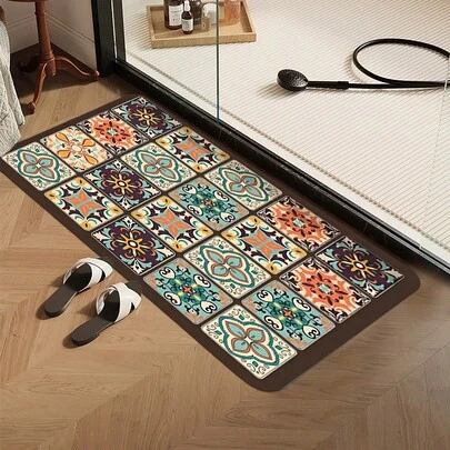1件北欧风花卉图案拼接硅胶浴室垫/厨房垫/装饰地垫，耐用易清洁厨房防滑地毯，长款厨房垫，适用于客厅、卧室、厨房、户外、洗衣房，多种尺寸可选