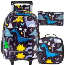 3件套儿童拉杆背包，男童拉杆书包，带午餐袋的学生拉杆背包 - 恐龙图案 - 拉桿背包 - 查看 2