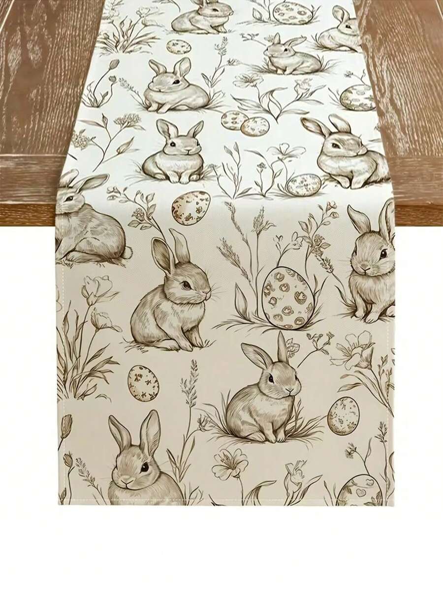 1pc Easter Table Runner | Square Table Runner With Rabbit And Egg Patterns, Farmhouse Style, Suitable For Indoor And Outdoor Use In Spring, Great For Home Kitchen Decor - Beige - View 1
