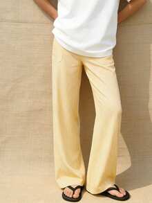 Women's Striped Wide-Leg Casual Pants - Comfortable And Stylish For All Seasons, Straight-Leg Design With A Waistband, Suitable For Everyday Wear And Festive Gatherings, Casual Wear | Striped Pattern | Comfortable Style,Vertical Stripe Drawstring Wide-Leg Pants: Slimming Fit, Comfort For Daily/Street;Relaxed Wide-Leg Trousers: Striped Design, Drawstring Waist, Versatile Outfits - 黃色 - 查看 4