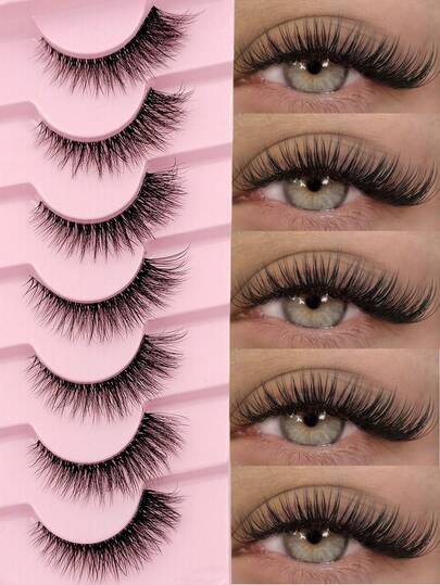 Rikuaild 7对透明带自然款假睫毛，纤细交叉条状假睫毛，3D立体假睫毛，自然轻盈，柔软舒适，适合日常妆容，仿貂毛假睫毛