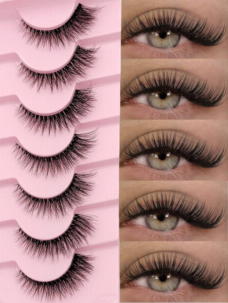 Rikuaild 7对透明带自然款假睫毛，纤细交叉条状假睫毛，3D立体假睫毛，自然轻盈，柔软舒适，适合日常妆容，仿貂毛假睫毛 - 自然纖長款 - 查看 1