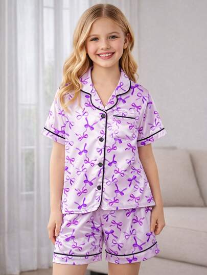 两件套少女紫色蝴蝶结短袖短裤睡衣套装