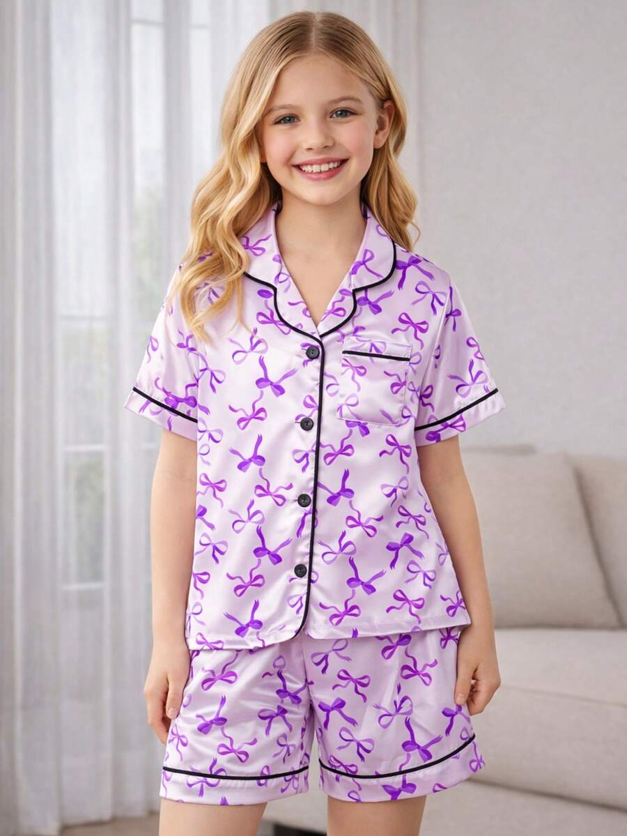 2 piezas Conjunto de pijama de pantalón corto y manga corta con lazo morado para niña preadolescente