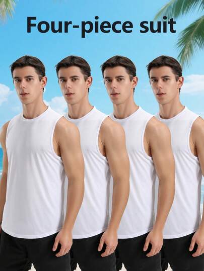 4pcs Men's Sleeveless Sports Vest, Lightweight Casual, Fitness Running Tank Top