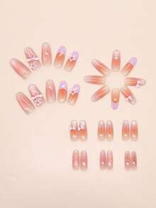 30片/套 中长款杏仁形甜美格纹法式猫眼腮红美甲贴纸，蝴蝶镂空星星美甲贴花，时尚简约风格 - 可重复使用设计，假指甲，包含1片果冻胶和1个指甲锉，适合女性和女孩日常及派对使用 - 彩色 - 查看 4