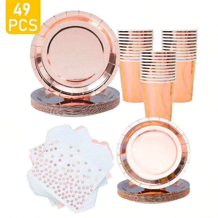 Rose Gold Disposable Plates, Napkins, Cups - 8 Guest Party Supplies Set, Disposable Paper Plates Tableware Suitable For Birthday, Wedding, Theme Party, Family Picnic - Multicolor - View 1