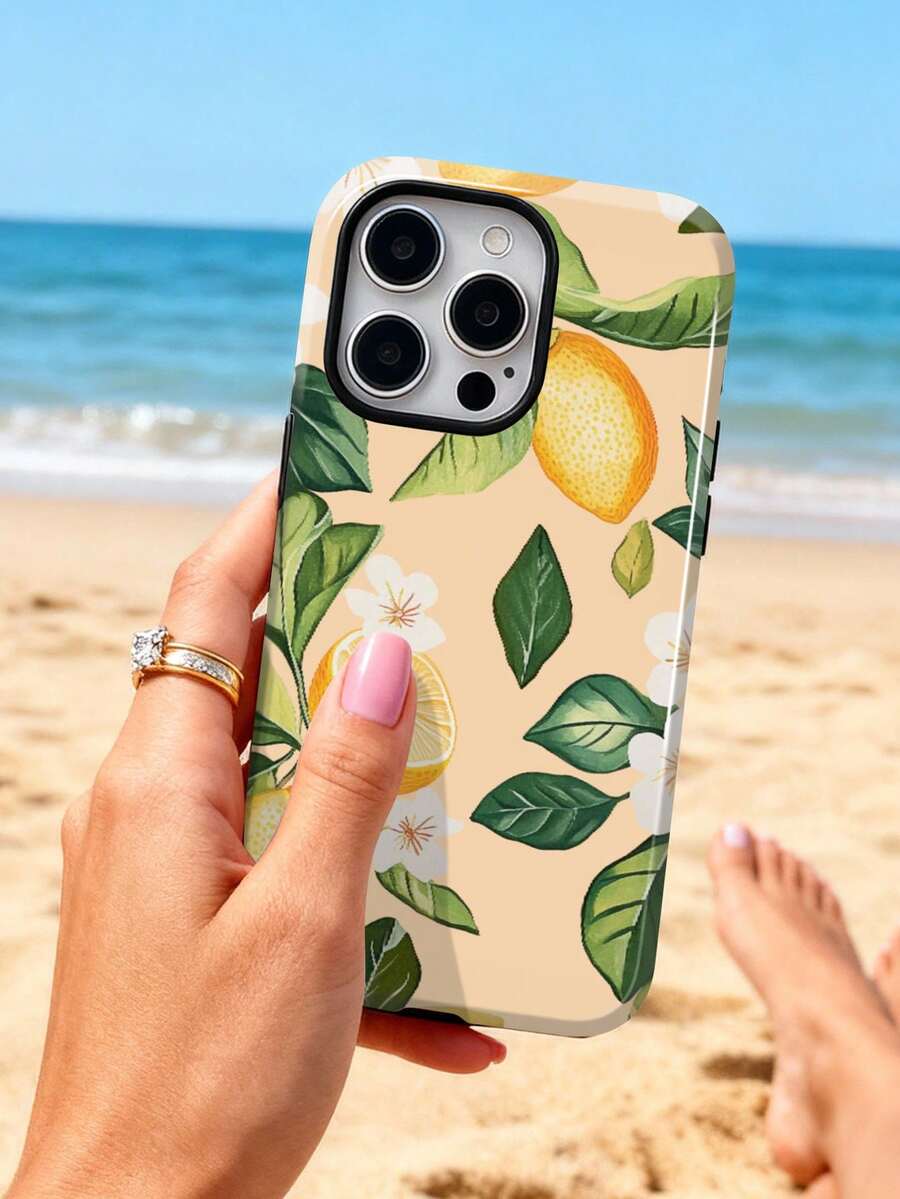 Resort Style 1pc Summer Fresh Lemon Tree Leaves & Fruit Pattern Glossy 2-In-1 Filmstrip Hard Phone Case, Compatible With Samsung/Compatible With IPhone 11/12/13/14/15/16/17 Pro Max - Multicolor - View 1