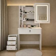 Makeup Vanity Desk With Mirror And Lights, White Vanity Table Set With 3 Drawers & Sliding Mirror & Storage Shelves, 3 Lighting Modes Brightness Adjustable, Vanity Set Dressing,Valentine's Day Gift - trắng - Xem 3