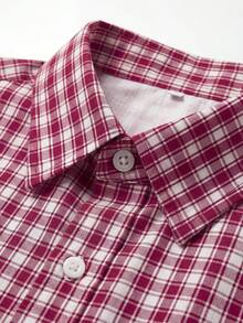 Men's Retro College Style Plaid Shirt, Regular Fit, Light Red & White Fine Check Pattern, Fashionable College Style Short Sleeve Top, Essential Urban Street Wear Item - Multicolor - View 4