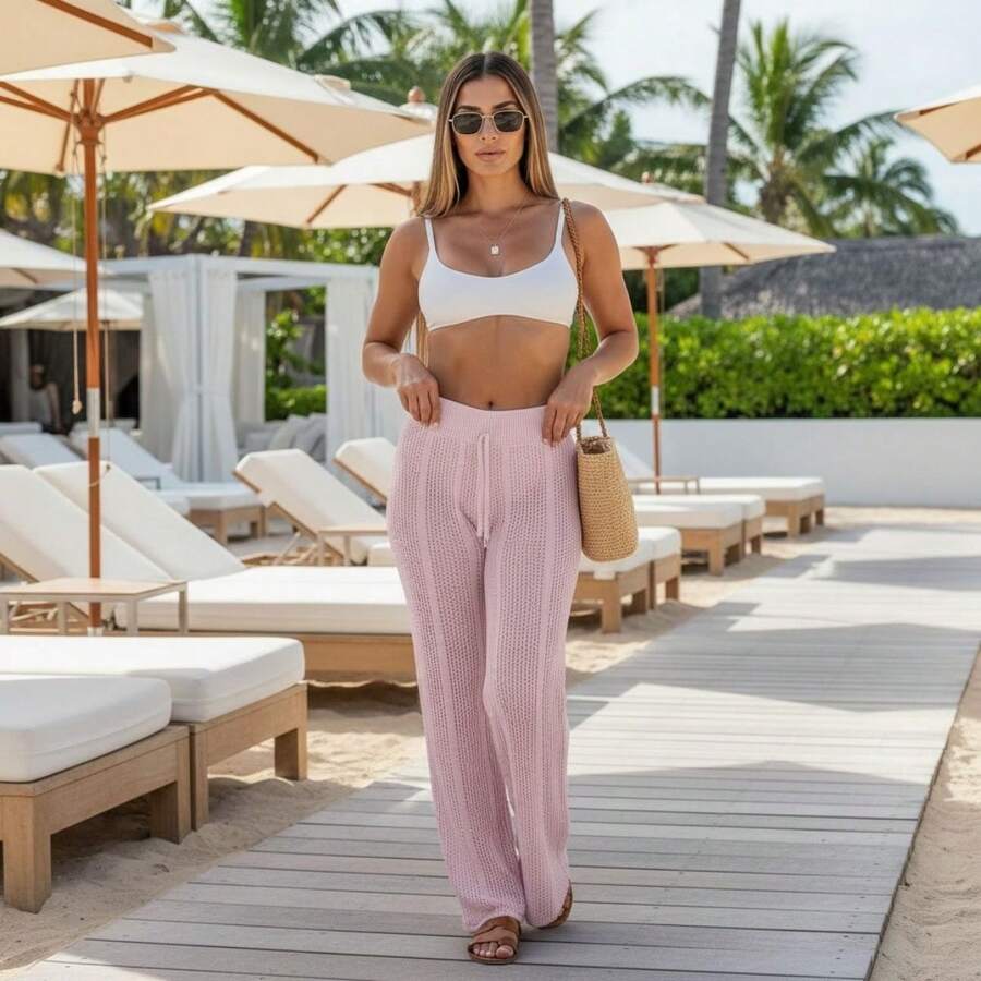 Women's Beach Cover-Up Pants With Cutouts, Summer Fashion, Ideal For Layering Over A Bikini, Swimsuit, Beach, Pool, Risorte - Light Rosé - View 1
