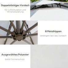 Cantilever Parasol Ø2.67 X 2.45 M, Crank Operated, Double Canopy, Cross Base, Steel Frame, Outdoor Sun Protection, Polyester Canopy, Light Grey - Grey - View 6