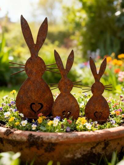 Bộ 3/1 cọc trang trí sân vườn hình thỏ gỉ sét cổ điển - Trang trí sân vườn hình thỏ Phục Sinh, vật đánh dấu đường đi tìm trứng Phục Sinh, quà tặng Phục Sinh, trang trí vườn Phục Sinh, cọc trồng cây Phục Sinh, trang trí hàng rào Phục Sinh, đồ trang trí cây Phục Sinh