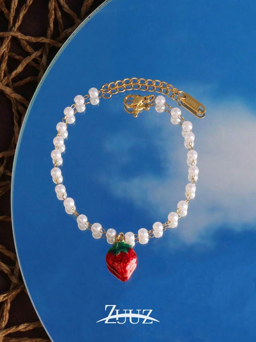 1pc Fashion Stainless Steel Strawberry Charm Bracelet For Women Pearl Chain Bracelet Jewelry Party Gifts Suitable Daily Wear - Bracelet - View 1