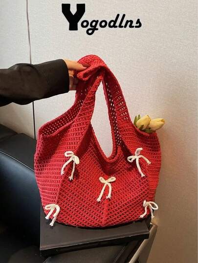 Yogodlns 休闲编织单肩包，波西米亚风甜美编织手提包，镂空蝴蝶结钩编编织托特包，适合度假、女士、夏季，纯色，美观，休闲，大容量编织手提包，女士日常手提包
