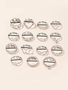 15pcs Silver Stainless Steel Butterfly, Diamond, Snake, Heart Shaped Ring Set - Silver - View 3