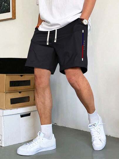 夏季新款男士短裤 简约风格 彩色荷叶边腰带 字母印花图案 休闲运动 常规大码 松紧腰带抽绳裤 旅行度假沙滩裤