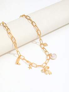 1件时尚甜美法式蝴蝶结吊坠项链，饰有珐琅、油滴、扇贝珍珠、西部牛仔靴、星星和休闲链条 - 金色 - 查看 6