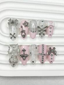 10 Pieces Y2K Pink Gyaru French Almond Handmade Press On Nails 3D Butterfly Star Cross Diamond Fake Nails Cute Bow Silver Glitter Nail Art Nail Supplies(1 Sheets Jelly Stickers+1PC Nail File) Handmade Press On Nails - Pink - View 1