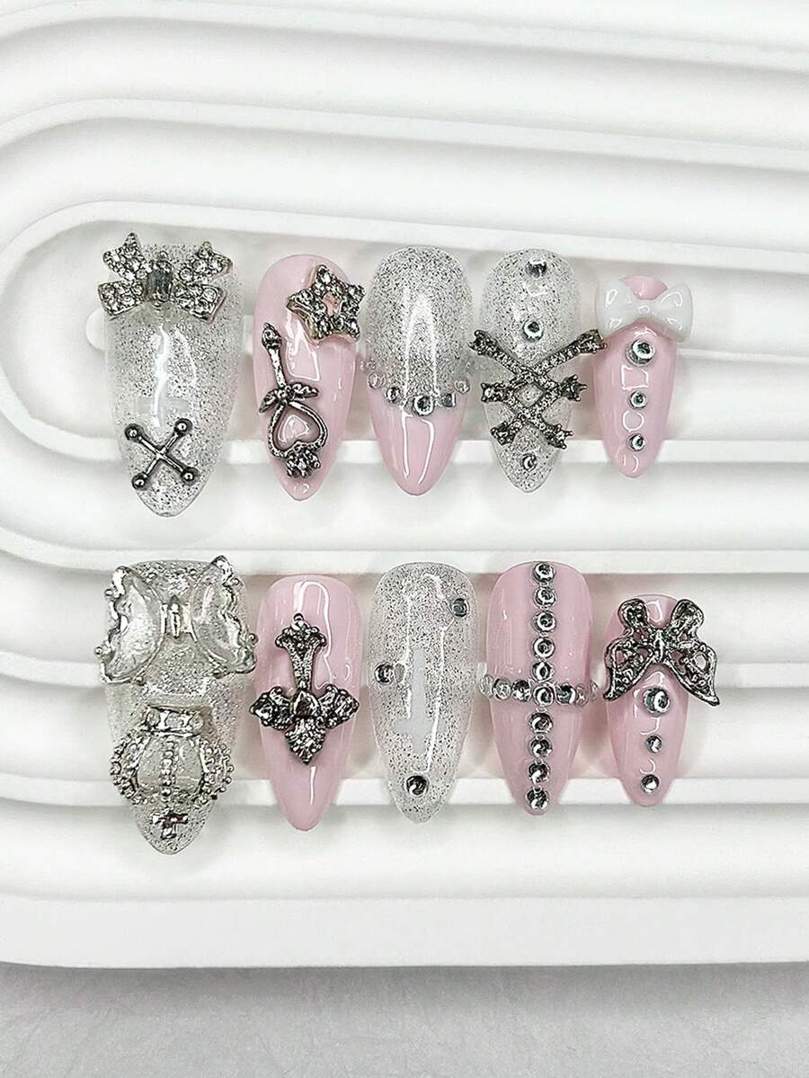 10 Pieces Y2K Pink Gyaru French Almond Handmade Press On Nails 3D Butterfly Star Cross Diamond Fake Nails Cute Bow Silver Glitter Nail Art Nail Supplies(1 Sheets Jelly Stickers+1PC Nail File) Handmade Press On Nails - Pink - View 1