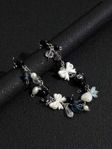 1pc Punk Style Dice, Star, Black Ball Charm Bracelet, Multi-Element Bow, Heart, Moon, Water Drop, Flower Handmade Beaded Bracelet For Women - Silver - View 3