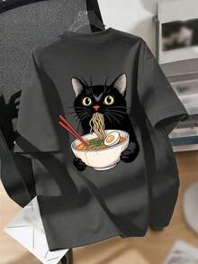 少女可爱猫咪印花圆领T恤，夏季上衣 - 深灰色 - 查看 5