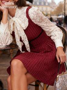 minisummmer 女士新款春夏红色格子蕾丝蝴蝶结装饰中长吊带连衣裙 - 情人节装扮、嘉年华服装、优雅休闲日常装 - 酒紅色 - 查看 8