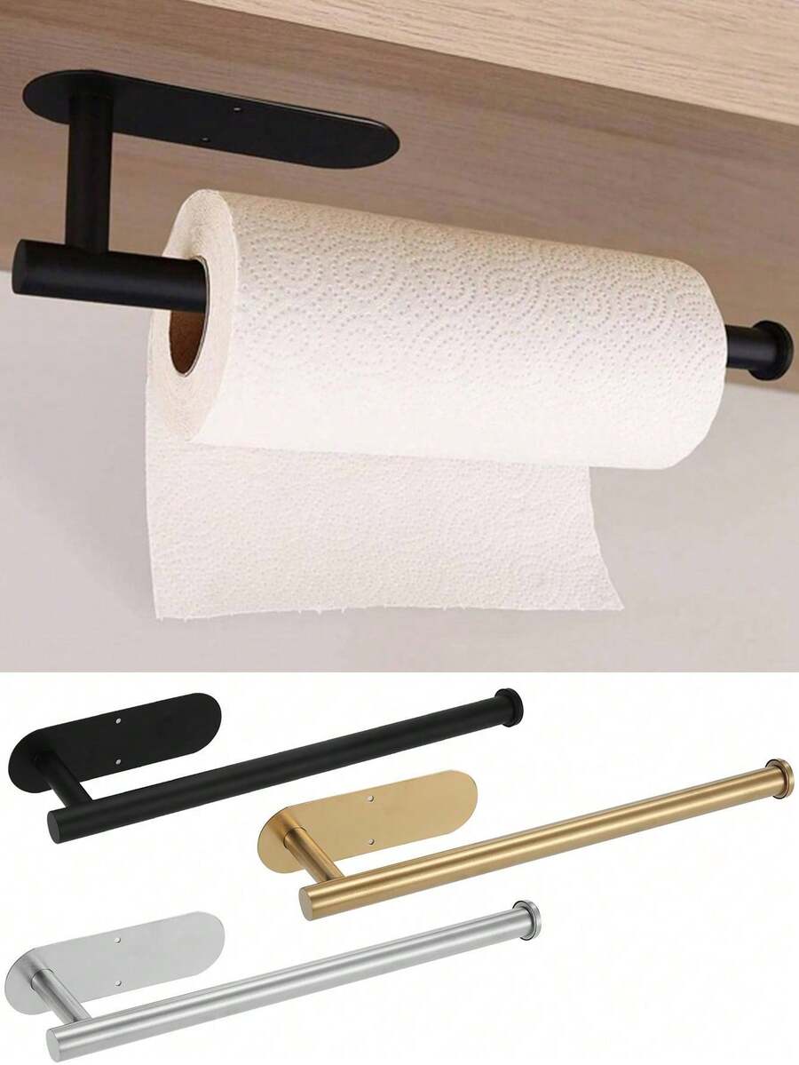 1pc Self-Adhesive Wall-Mounted Paper Towel Holder - Metal Towel Rack Suitable For Kitchen, Bathroom And RV. Fits Toilet Paper Rolls And Plastic Wrap. Durable Material, Minimalist Style. Simple Kitchen/Bathroom Storage Rack.