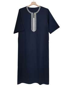 Men's Eid Embroidered Robe Thobe Men's Solid Color Pullover Gandoura Thawb Men's Traditional Gandoura Thobe Robe With Pockets - Navy Blue - View 2