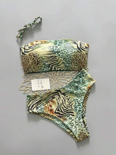 2026 Sexy Vintage Leopard Print Ribbed Vacation Style High-End 2 Pieces Bandeau Bikini Set Beach Summer