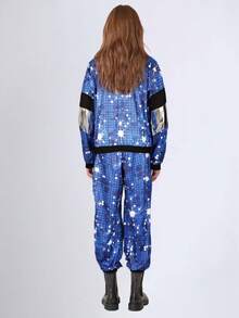 In-Stock Retro 80s Disco Tracksuit Jacket And Pants, Party Hiphop Set For Women, Galaxy Print Halloween, Party Dress - Blue - View 3