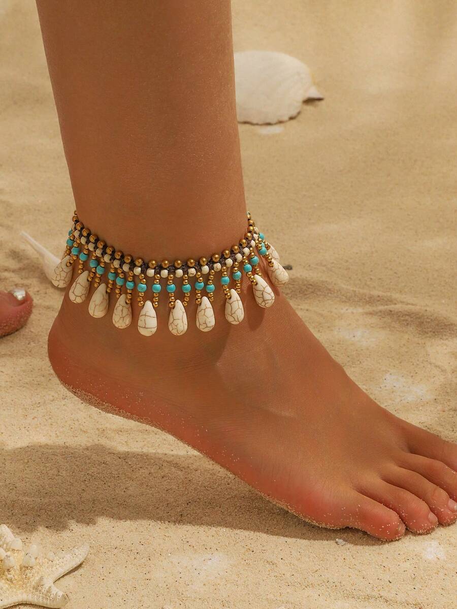 1 chiếc lắc chân dệt hạt ngọc lam phong cách Boho có mặt dây chuyền nhiều màu sắc, phù hợp cho trang phục hàng ngày và lễ hội của phụ nữ, đặc biệt phù hợp cho mùa hè (Sắp xếp đá hình giọt nước thủ công ngẫu nhiên)