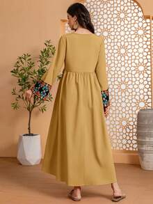 Women's Arabic Style Long Sleeve Round Neck Embroidered Patchwork Beaded Hem Dress, Everyday Wear - Ginger - View 3