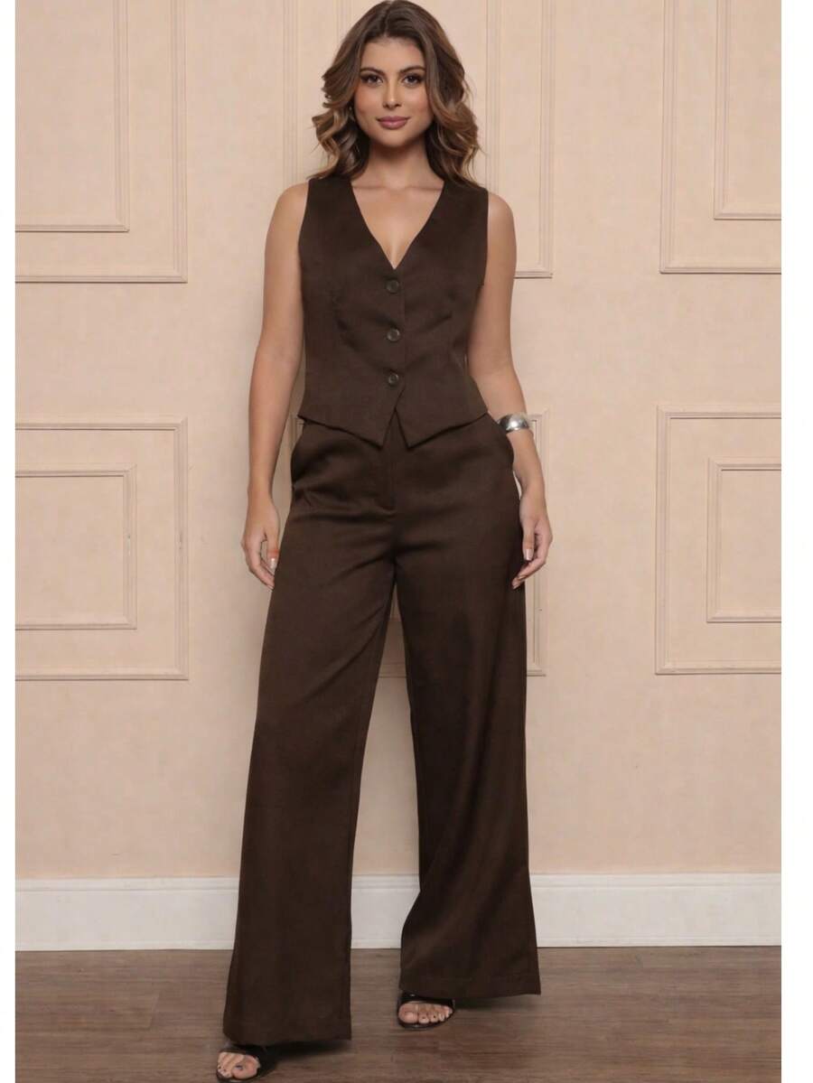 Tailored Suit Set: Vest With Dress Pants, Fashionable. - Rust Brown - View 1