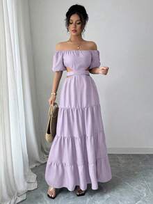 Vestido de mujer con efecto de mezclilla, hombros abiertos, espalda descubierta y lazo, elegante para verano y primavera - Púrpura malva - Ver 2