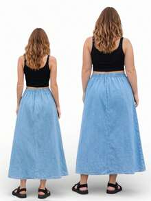 Lightweight Denim Skirt With Elastic Waistband And Pockets - Summer - Rửa nhẹ - Xem 2