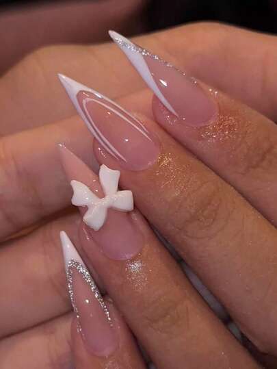 24 piezas de uñas postizas de estilo francés con purpurina plateada, diseño de lazos blancos 3D y estilo minimalista Y2K, de cobertura completa y acabado brillante, para uso diario de mujeres y niñas
