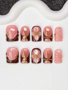 10片方形手工美甲贴片，Y2K 酷炫风格，裸色和棕色法式美甲贴片，雕刻花朵、星星、珠子设计，适合派对、婚礼、日常佩戴，附赠工具包，是送给女性和女孩的绝佳礼物。 - 彩色 - 查看 2