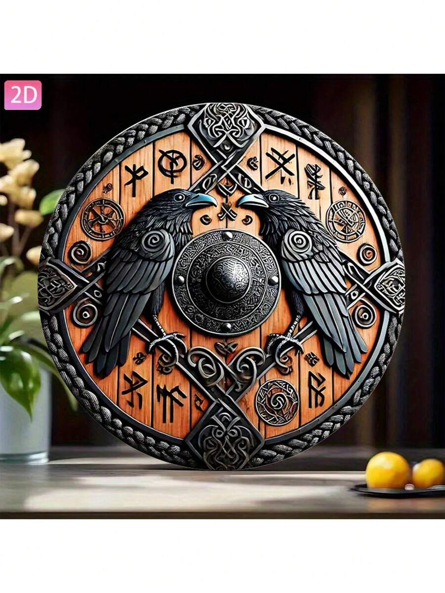 8英寸圆形复古北欧木质壁挂盾牌装饰，饰有凯尔特结和渡鸦图案，维京风格，适用于家居、酒吧、花园、户外等场所，配有简易安装配件，适合作为复活节和节日礼物。 - 彩色 - 查看 1