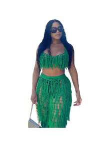 Dopamine Stunning Fashion Slimming Street Party Daily Commuting Sexy Perspective Knitted Hand Hook Fringe Beach Set - Green - View 2