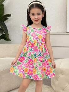 Vestido con estampado floral y cuello cuadrado para niñas, diseño alegre y elegante, adecuado para uso diario, fiestas o festivales, cómodo y de moda - Multicolor - Ver 3