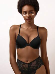 Women's Black Lace Front-Closure Bra - Sexy Racerback Push Up Design - Black - View 8