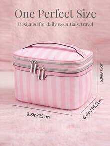 Cute Pink & White Stripe Makeup Bag With Compartments,Nylon Travel Essentials Cosmetic Bag Organizer Toiletry Bag For Women Girls, Simple Pink Portable Storage Bag With Four Different Sizes To Choose From, Suitable For Home Storage, Cosmetics Storage, Cute Appearance, Suitable As A Gift - 手持雙層(粉紅色) - 查看 2