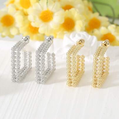 1 Pair Gold Tone Textured Square Hoop Stud Earrings Women's Daily Jewelry