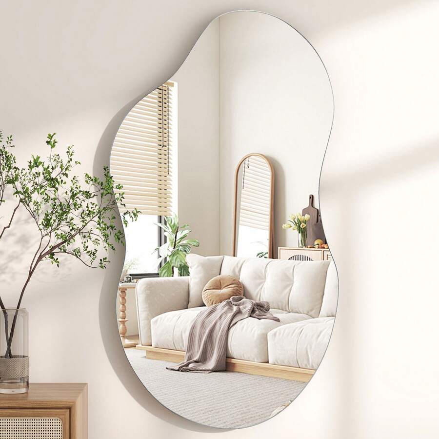 Espelho de parede decorativo, irregular, grande, prateado, espelho assimétrico para decoração de parede, espelho ondulado abstrato para sala de estar moderna, banheiro, quarto e