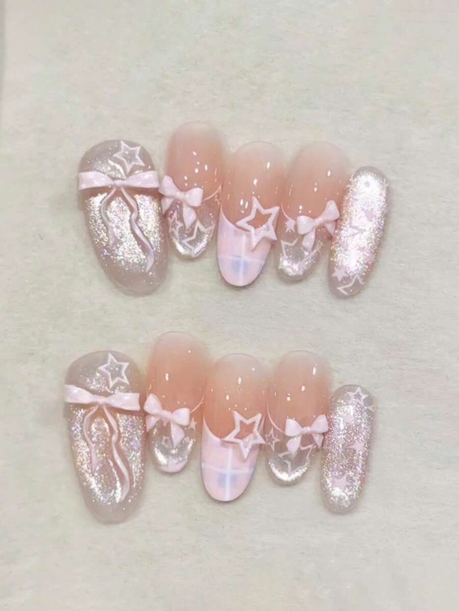 30片/套 中长款杏仁形甜美格纹法式猫眼腮红美甲贴纸，蝴蝶镂空星星美甲贴花，时尚简约风格 - 可重复使用设计，假指甲，包含1片果冻胶和1个指甲锉，适合女性和女孩日常及派对使用